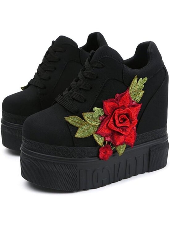 Shoes - Women's Black Canvas Fabric Rubber Sole High Wedge Heel Brides Wedding Shoes